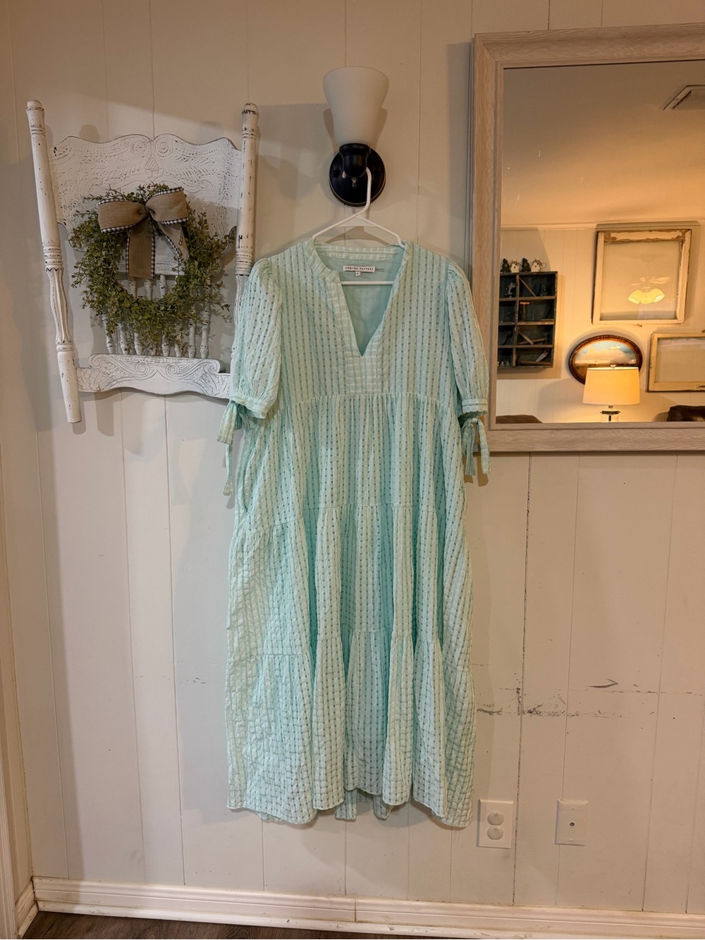 English Factory Mint Green V‑Neck Tiered Midi Dress